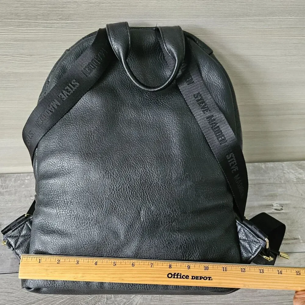 Steve Madden Black Backpack Bag Gold Zippers Logo Gym City Minimalist‎ FLAWS